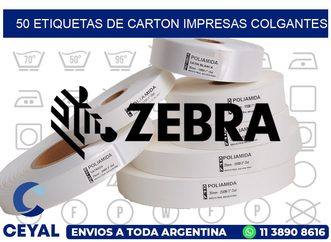 50 ETIQUETAS DE CARTON IMPRESAS COLGANTES