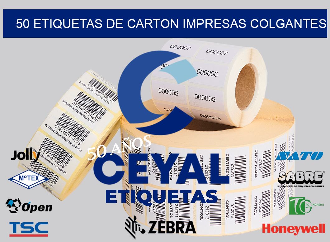 50 ETIQUETAS DE CARTON IMPRESAS COLGANTES