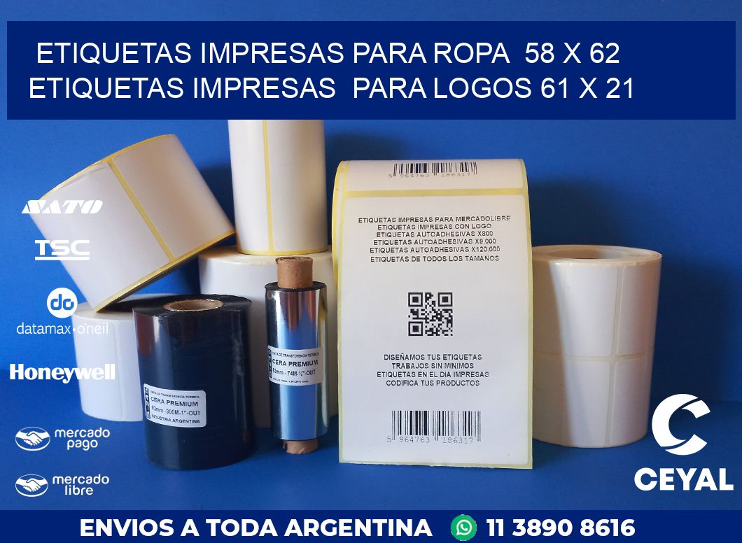 ETIQUETAS IMPRESAS PARA ROPA  58 x 62 ETIQUETAS IMPRESAS  PARA LOGOS 61 x 21