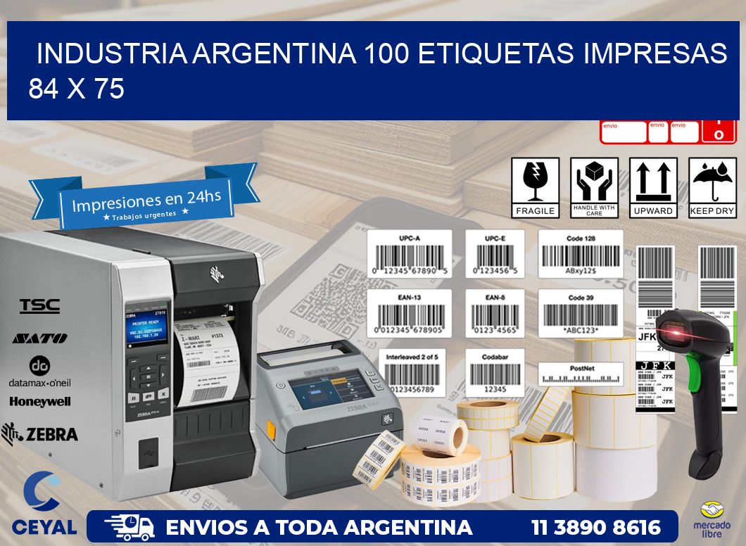 INDUSTRIA ARGENTINA 100 ETIQUETAS IMPRESAS  84 x 75