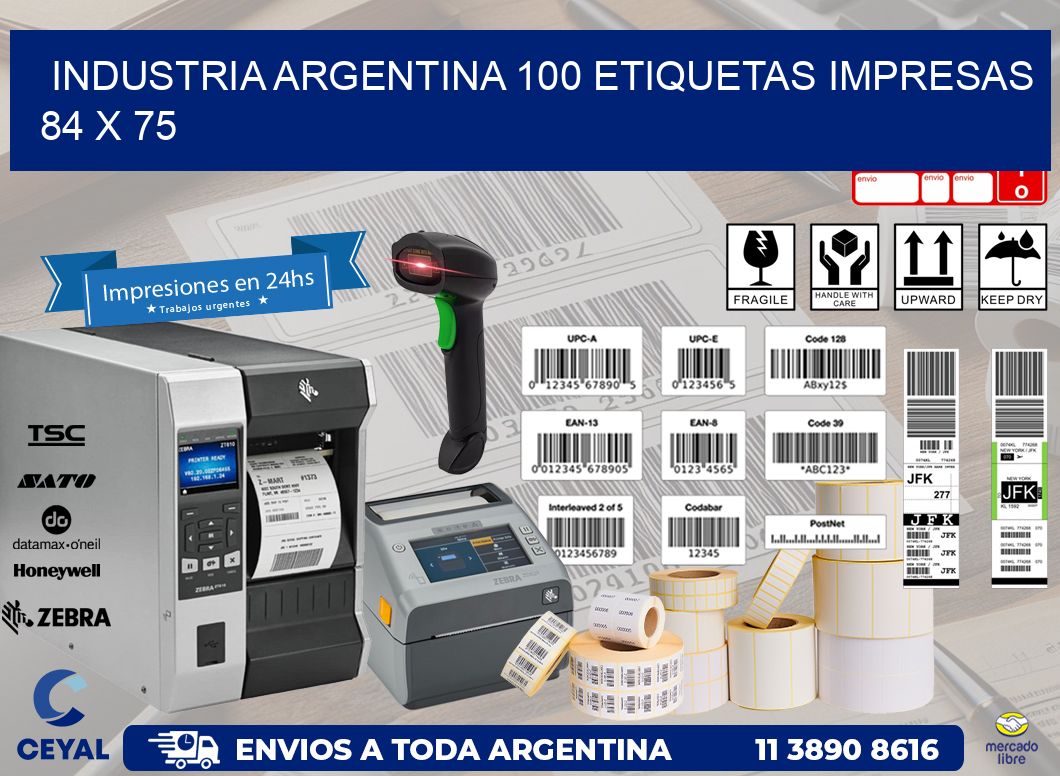 INDUSTRIA ARGENTINA 100 ETIQUETAS IMPRESAS  84 x 75