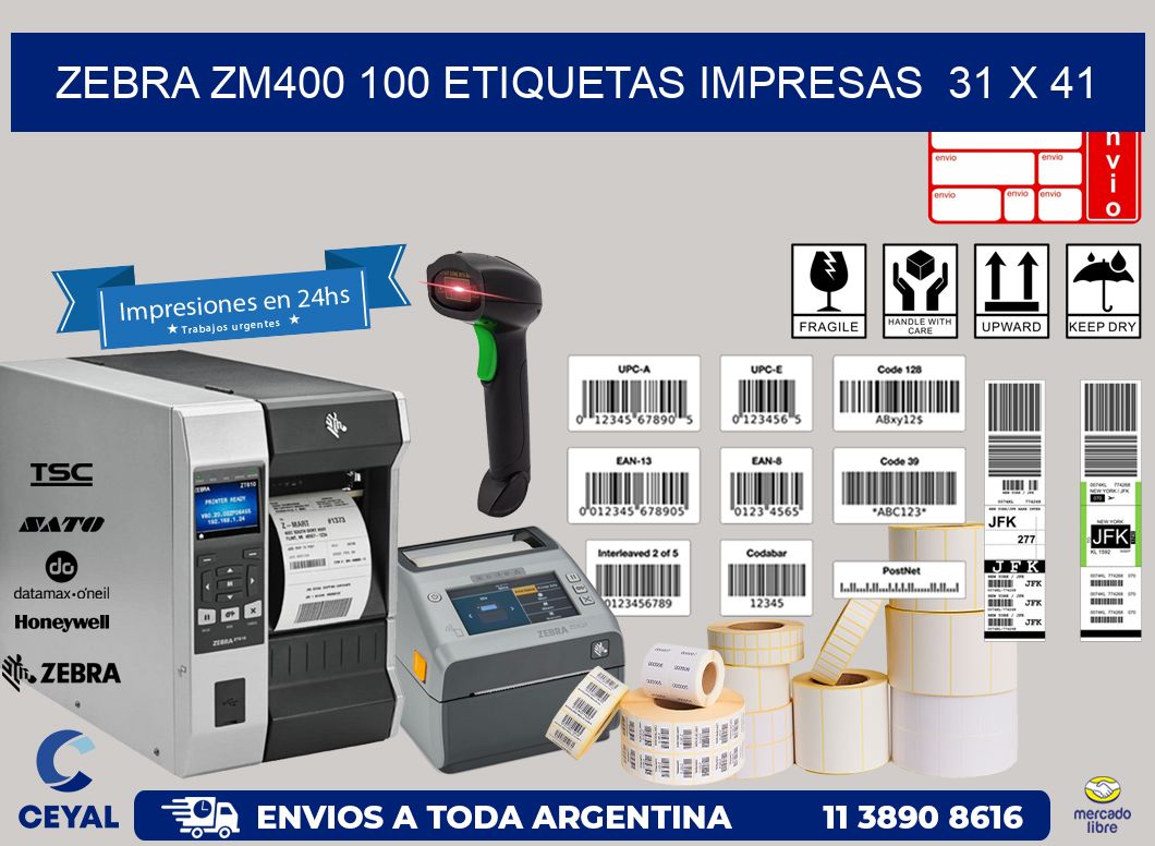 ZEBRA ZM400 100 ETIQUETAS IMPRESAS  31 x 41