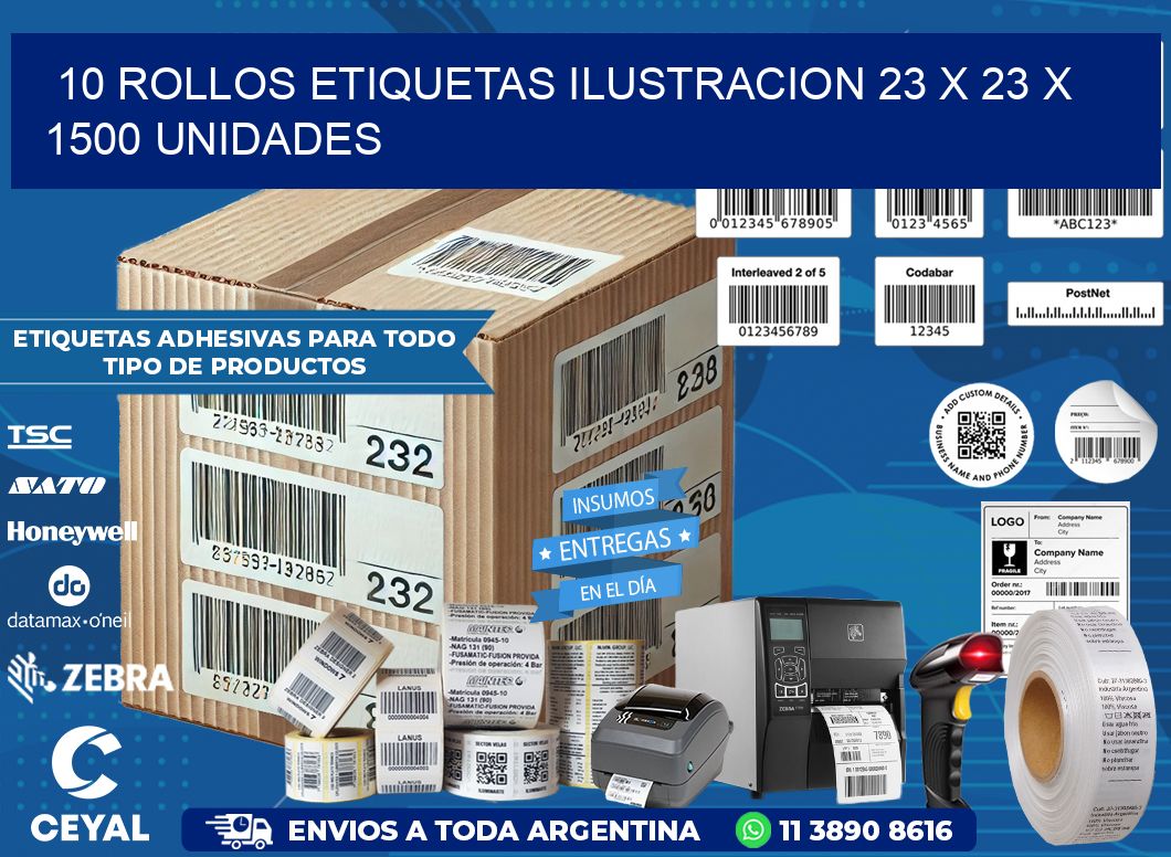 10 ROLLOS ETIQUETAS ILUSTRACION 23 x 23 X 1500 UNIDADES