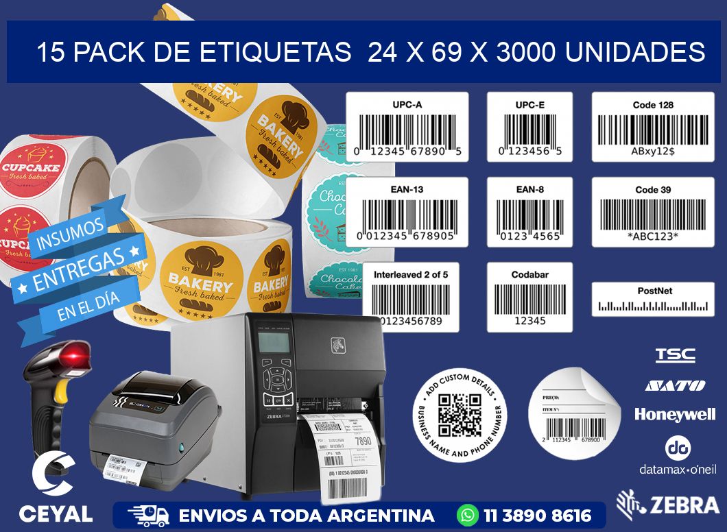 15 PACK DE ETIQUETAS  24 x 69 X 3000 UNIDADES