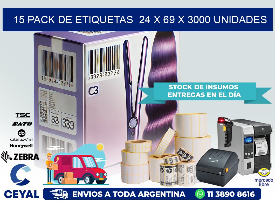 15 PACK DE ETIQUETAS  24 x 69 X 3000 UNIDADES