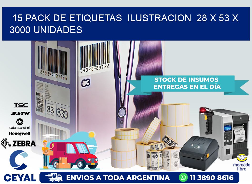 15 PACK DE ETIQUETAS  ILUSTRACION  28 x 53 X 3000 UNIDADES