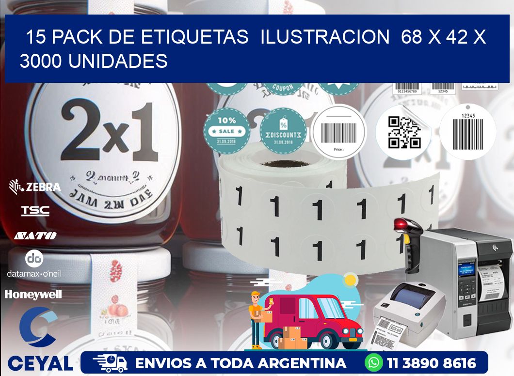 15 PACK DE ETIQUETAS  ILUSTRACION  68 x 42 X 3000 UNIDADES