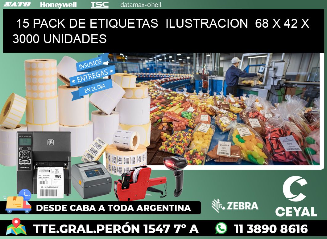 15 PACK DE ETIQUETAS  ILUSTRACION  68 x 42 X 3000 UNIDADES