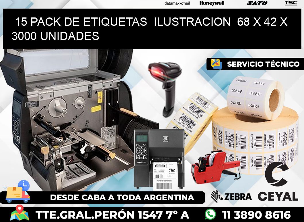 15 PACK DE ETIQUETAS  ILUSTRACION  68 x 42 X 3000 UNIDADES