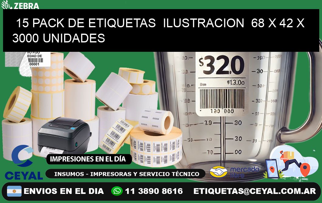 15 PACK DE ETIQUETAS  ILUSTRACION  68 x 42 X 3000 UNIDADES