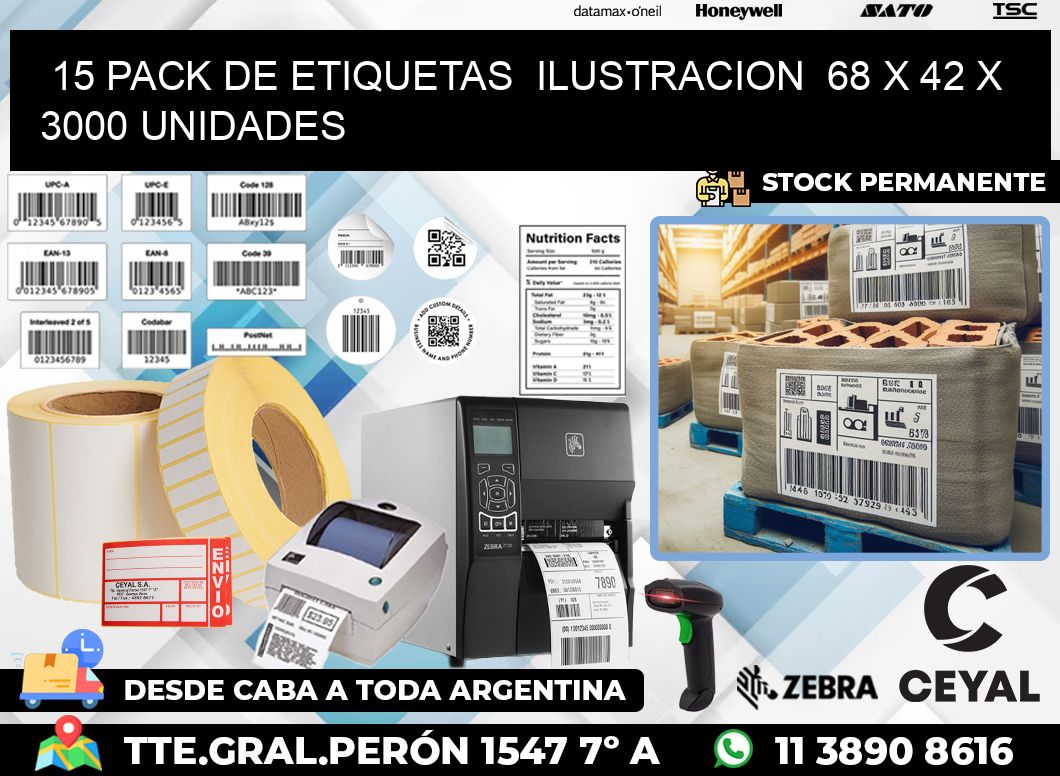 15 PACK DE ETIQUETAS  ILUSTRACION  68 x 42 X 3000 UNIDADES