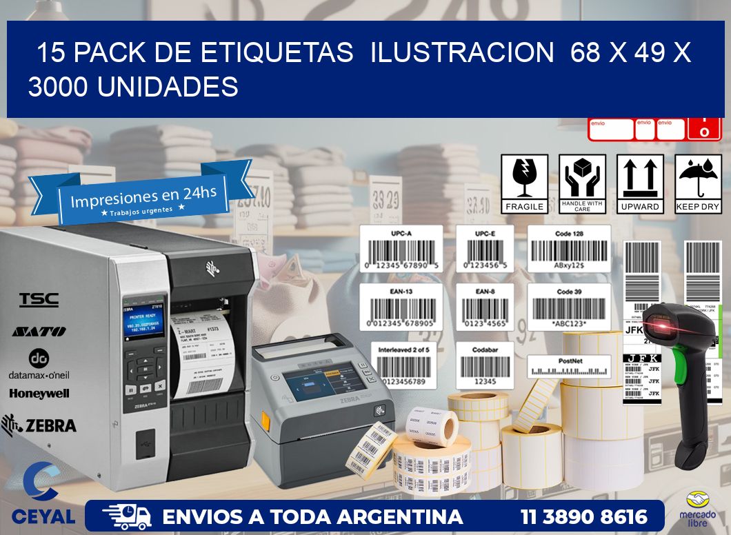 15 PACK DE ETIQUETAS  ILUSTRACION  68 x 49 X 3000 UNIDADES