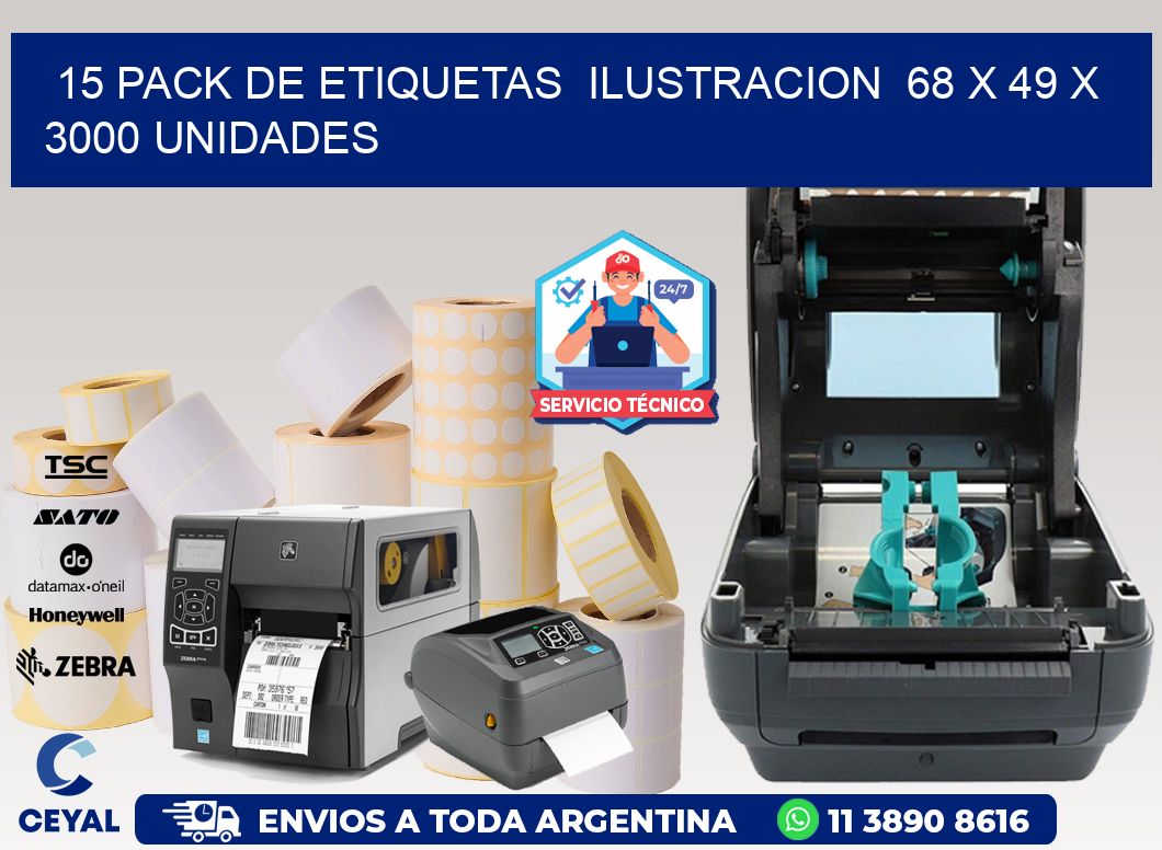 15 PACK DE ETIQUETAS  ILUSTRACION  68 x 49 X 3000 UNIDADES