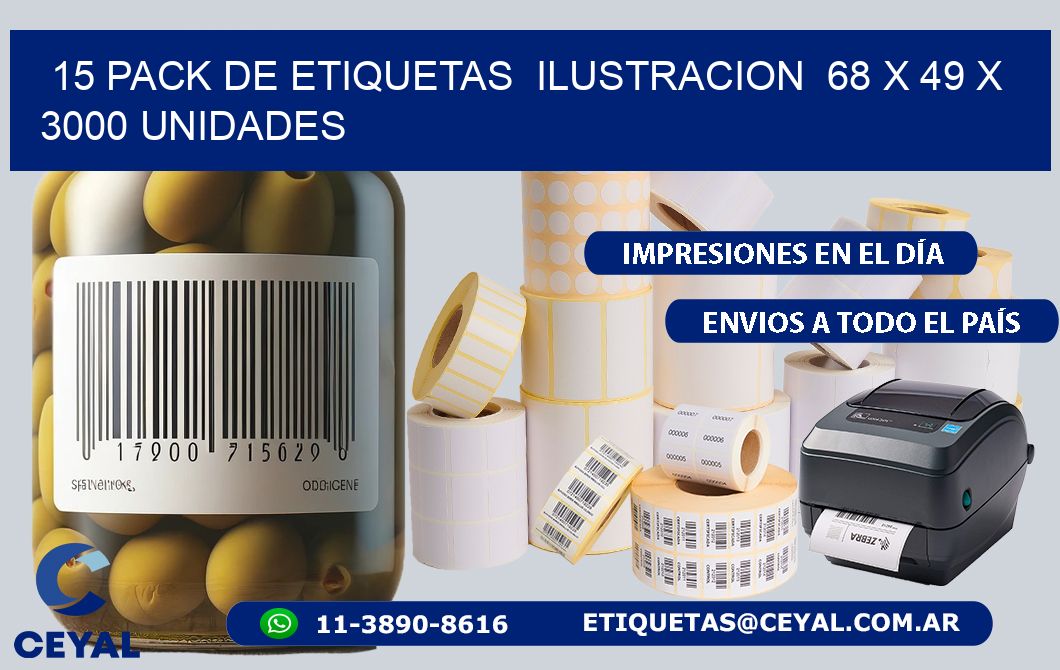 15 PACK DE ETIQUETAS  ILUSTRACION  68 x 49 X 3000 UNIDADES