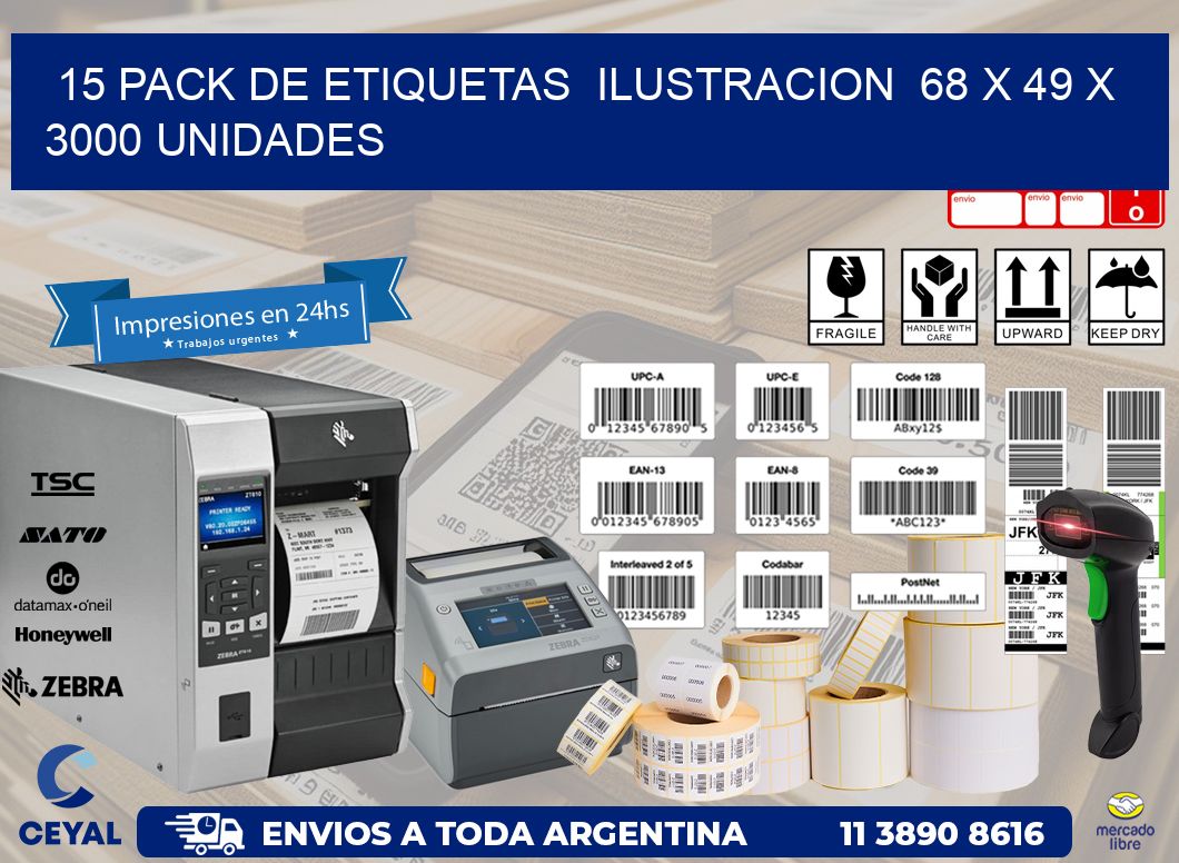 15 PACK DE ETIQUETAS  ILUSTRACION  68 x 49 X 3000 UNIDADES