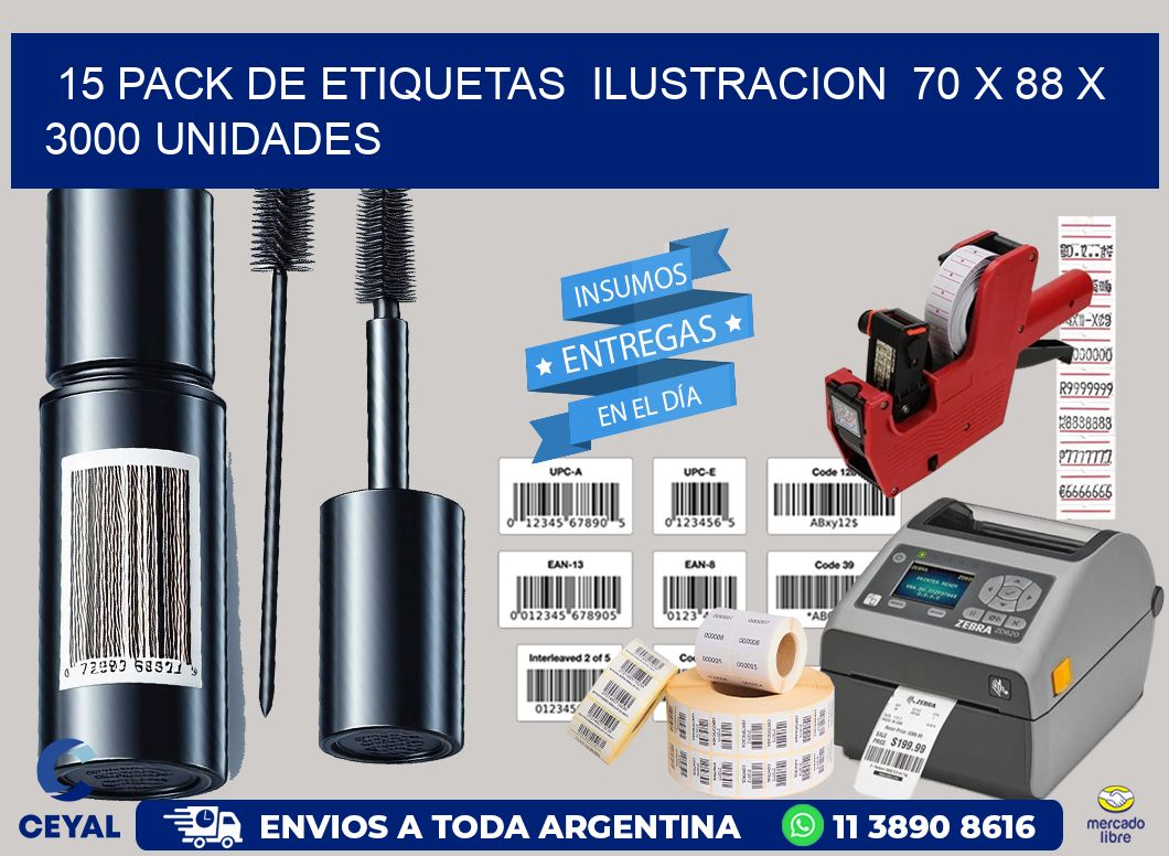 15 PACK DE ETIQUETAS  ILUSTRACION  70 x 88 X 3000 UNIDADES