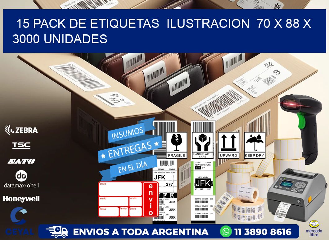 15 PACK DE ETIQUETAS  ILUSTRACION  70 x 88 X 3000 UNIDADES