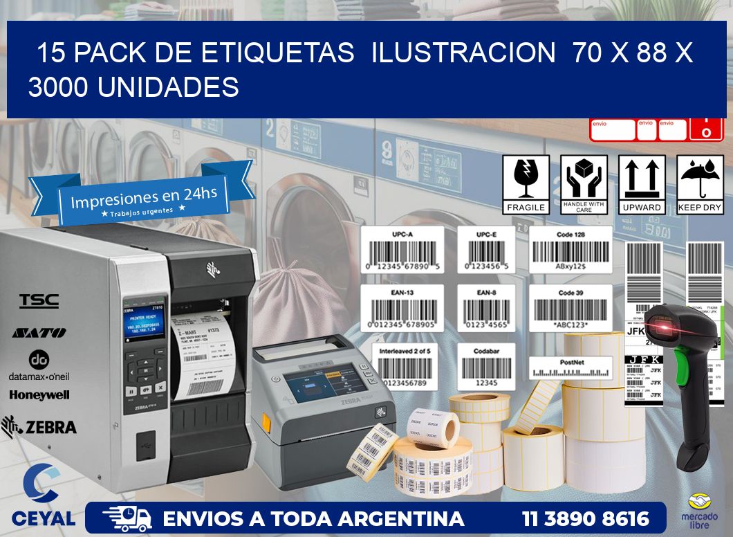 15 PACK DE ETIQUETAS  ILUSTRACION  70 x 88 X 3000 UNIDADES