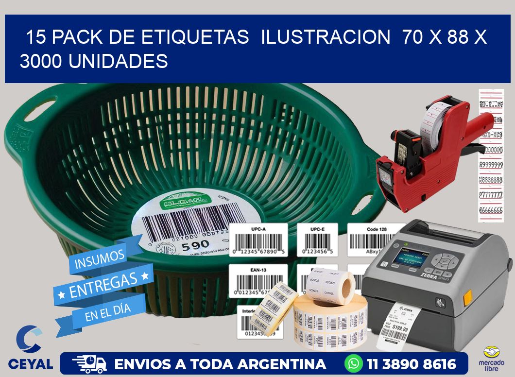 15 PACK DE ETIQUETAS  ILUSTRACION  70 x 88 X 3000 UNIDADES