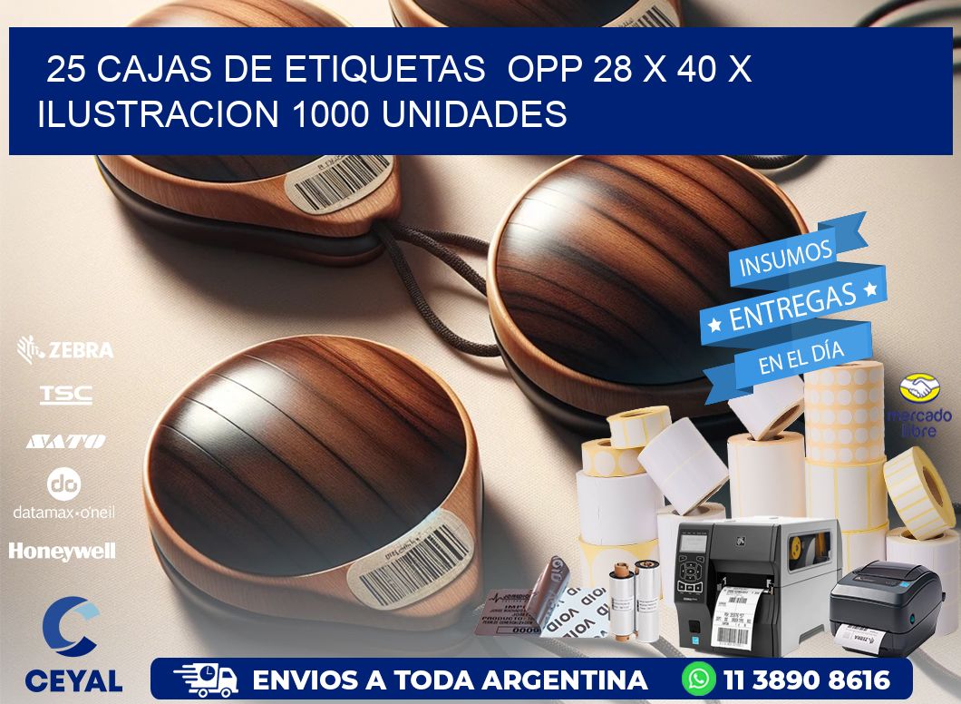 25 CAJAS DE ETIQUETAS  OPP 28 x 40 X ILUSTRACION 1000 UNIDADES