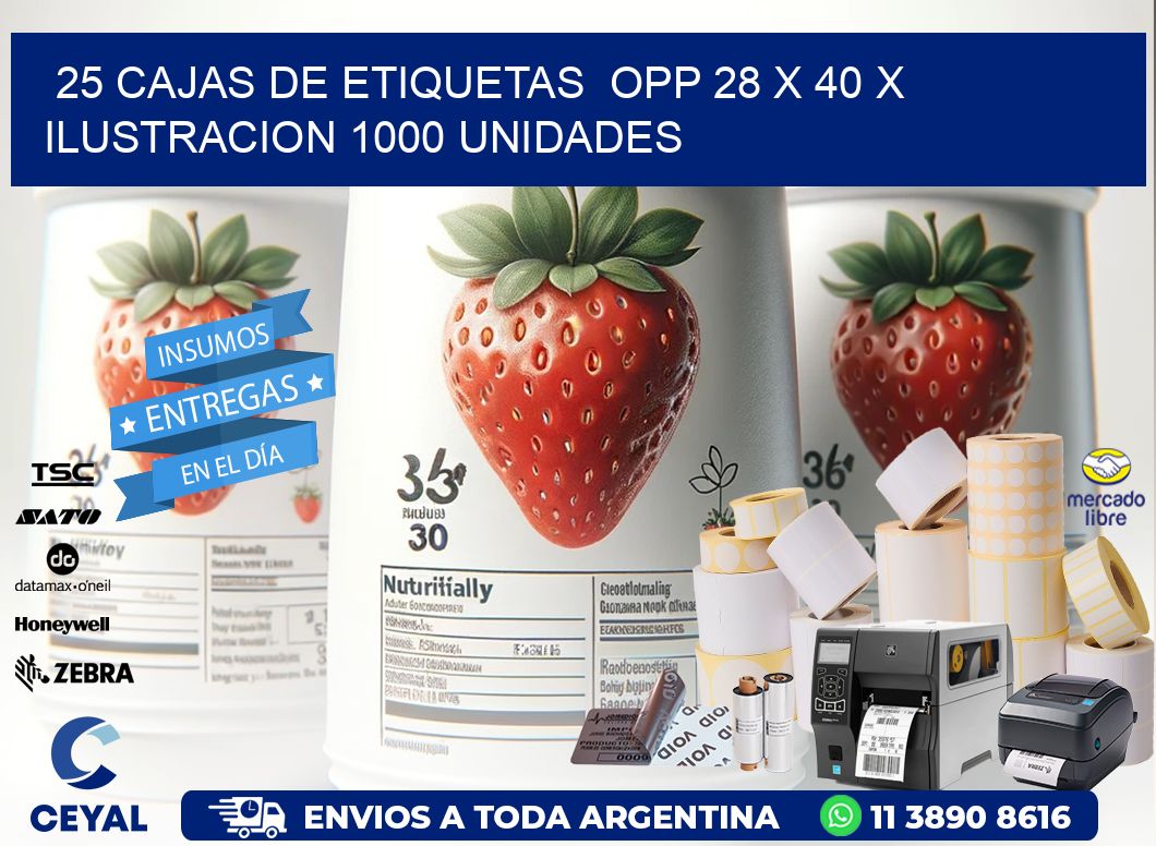 25 CAJAS DE ETIQUETAS  OPP 28 x 40 X ILUSTRACION 1000 UNIDADES