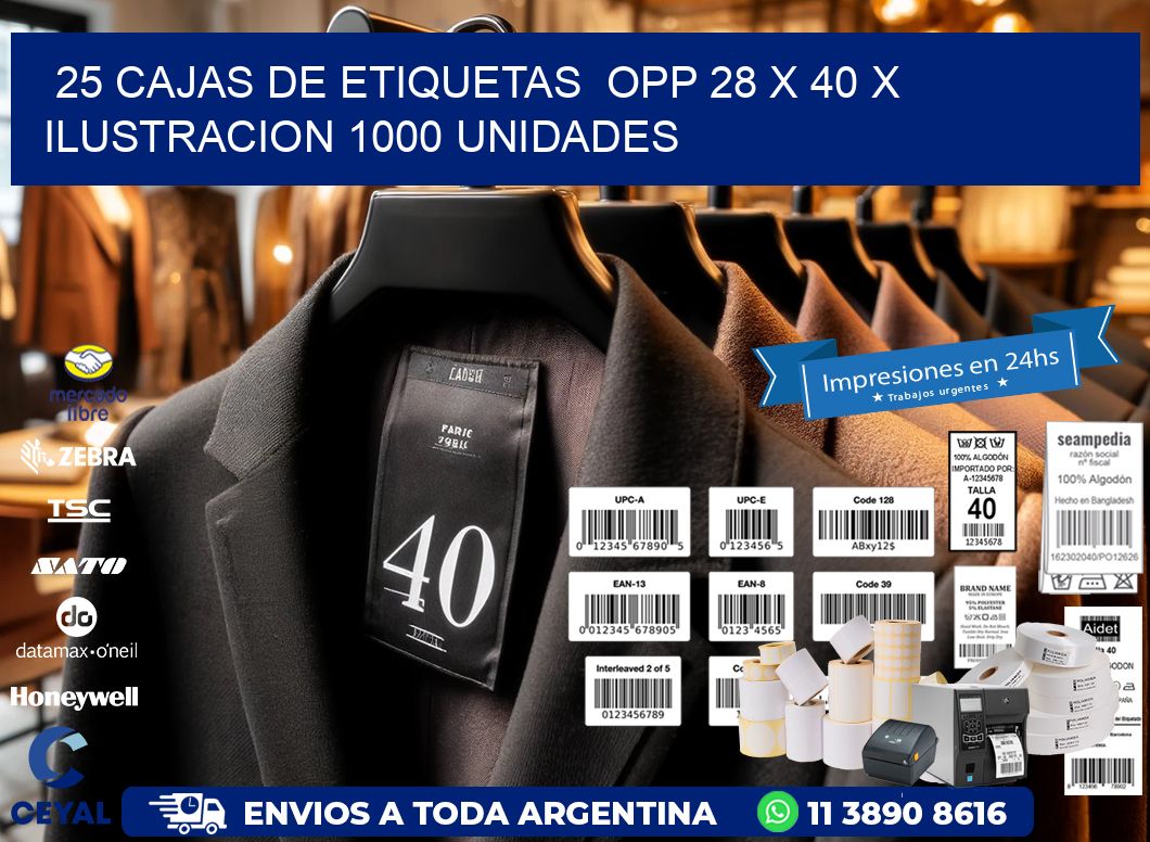 25 CAJAS DE ETIQUETAS  OPP 28 x 40 X ILUSTRACION 1000 UNIDADES