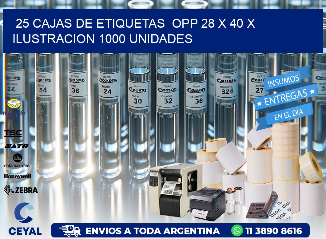 25 CAJAS DE ETIQUETAS  OPP 28 x 40 X ILUSTRACION 1000 UNIDADES