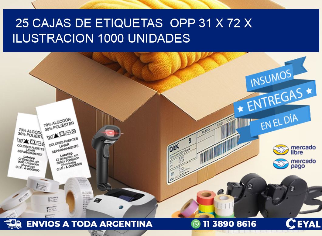 25 CAJAS DE ETIQUETAS  OPP 31 x 72 X ILUSTRACION 1000 UNIDADES