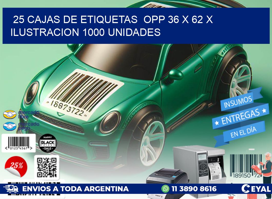 25 CAJAS DE ETIQUETAS  OPP 36 x 62 X ILUSTRACION 1000 UNIDADES