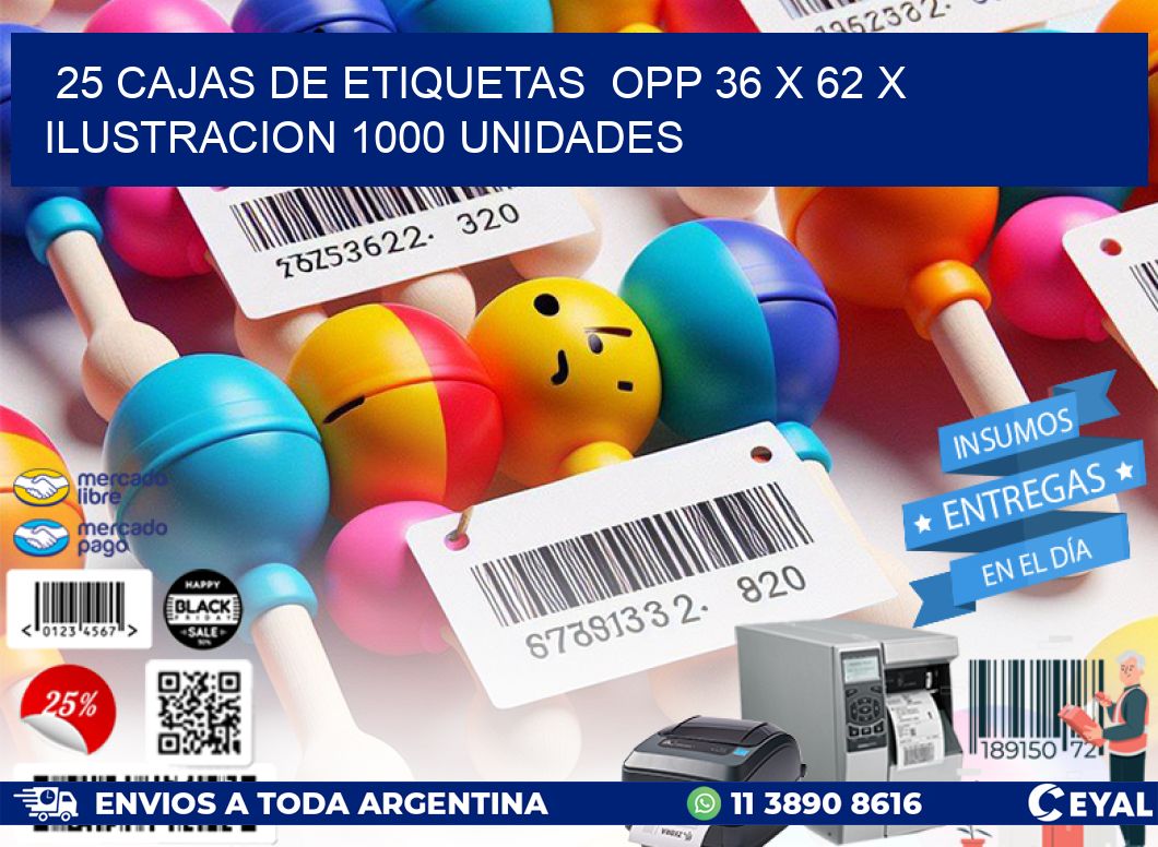 25 CAJAS DE ETIQUETAS  OPP 36 x 62 X ILUSTRACION 1000 UNIDADES