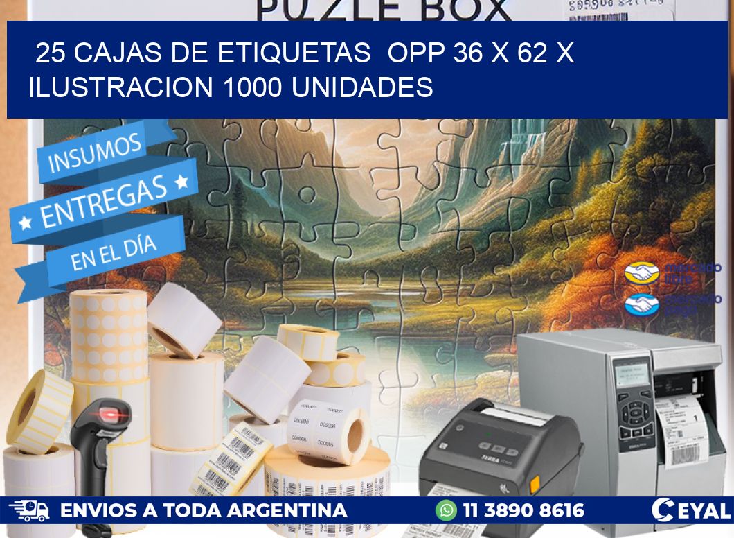 25 CAJAS DE ETIQUETAS  OPP 36 x 62 X ILUSTRACION 1000 UNIDADES