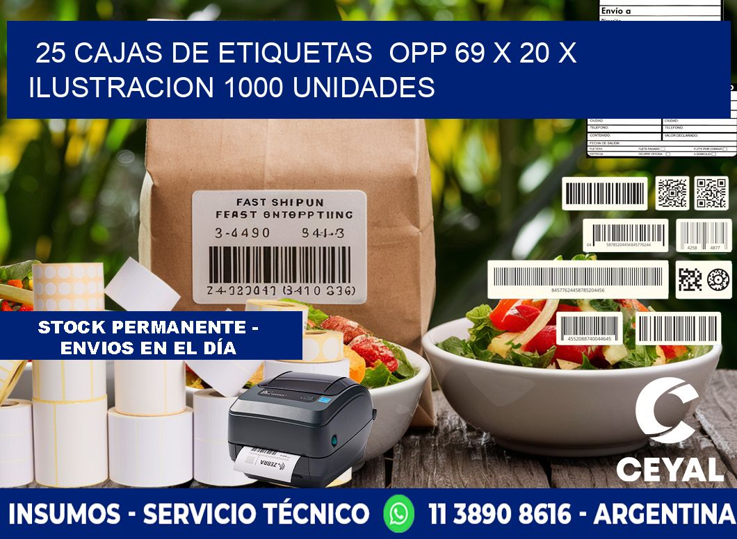 25 CAJAS DE ETIQUETAS  OPP 69 x 20 X ILUSTRACION 1000 UNIDADES