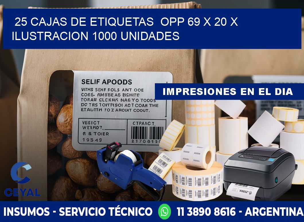 25 CAJAS DE ETIQUETAS  OPP 69 x 20 X ILUSTRACION 1000 UNIDADES