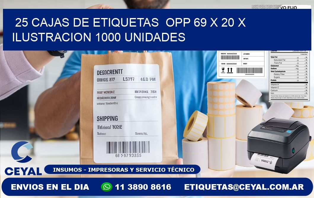 25 CAJAS DE ETIQUETAS  OPP 69 x 20 X ILUSTRACION 1000 UNIDADES