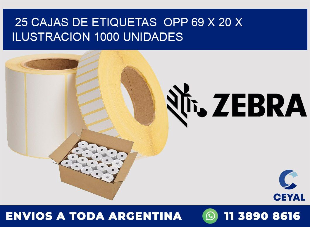 25 CAJAS DE ETIQUETAS  OPP 69 x 20 X ILUSTRACION 1000 UNIDADES