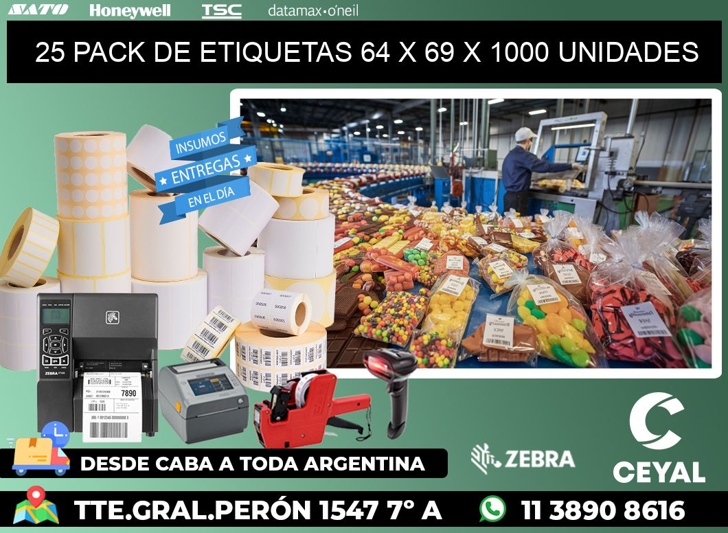 25 PACK DE ETIQUETAS 64 x 69 X 1000 UNIDADES