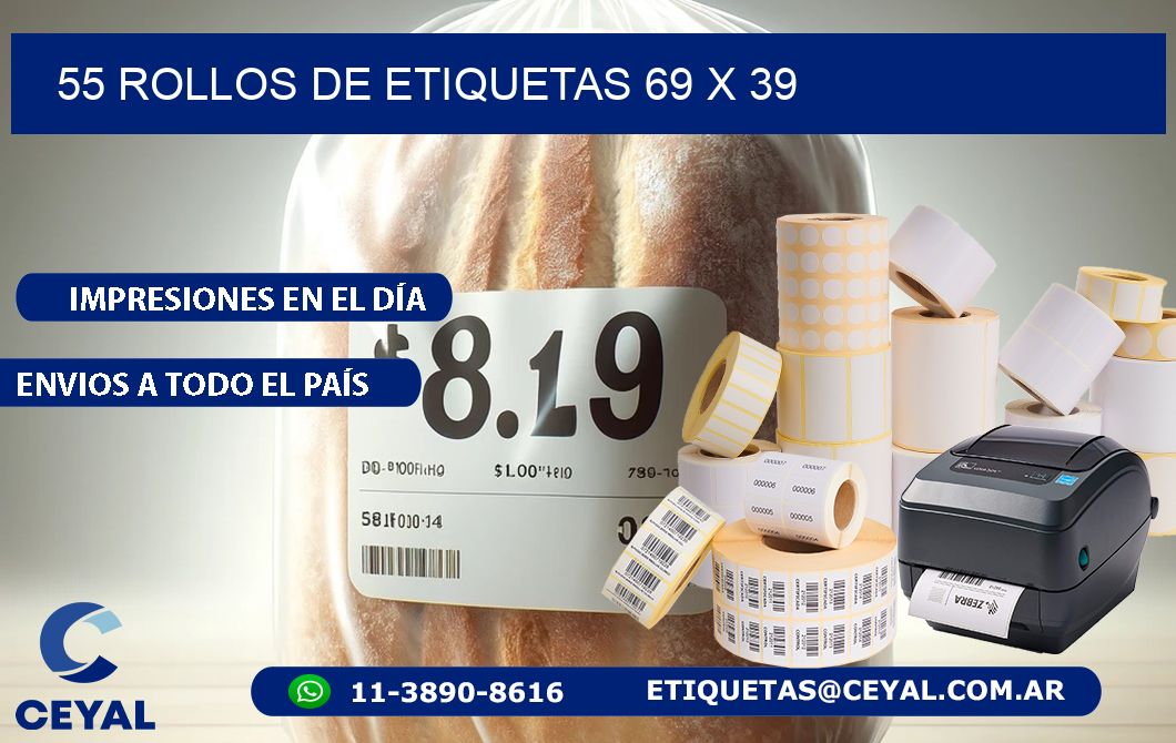 55 ROLLOS DE ETIQUETAS 69 x 39