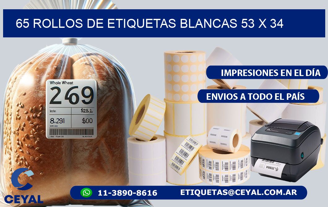 65 ROLLOS DE ETIQUETAS BLANCAS 53 x 34