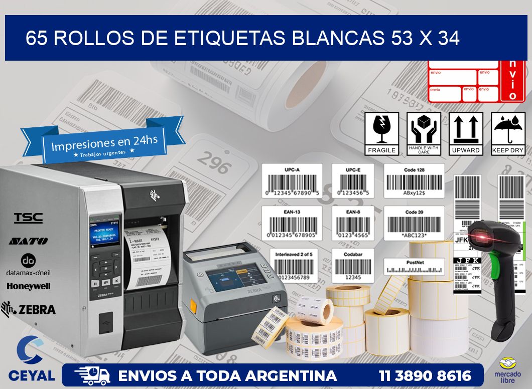 65 ROLLOS DE ETIQUETAS BLANCAS 53 x 34