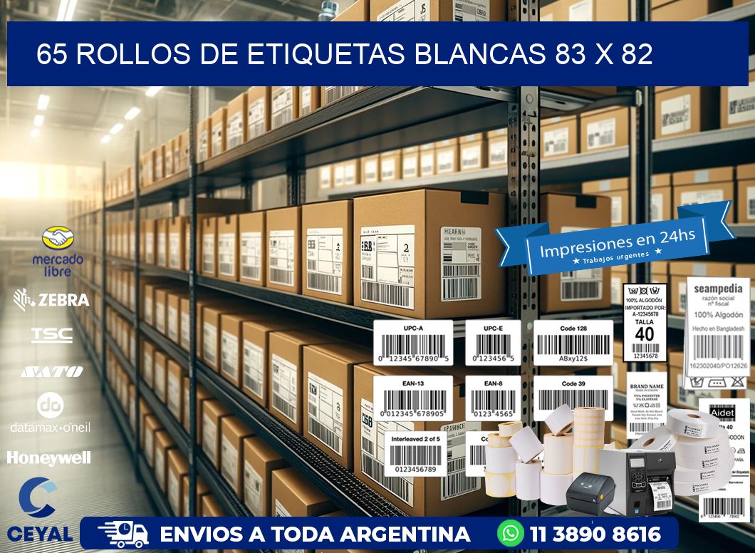 65 ROLLOS DE ETIQUETAS BLANCAS 83 x 82