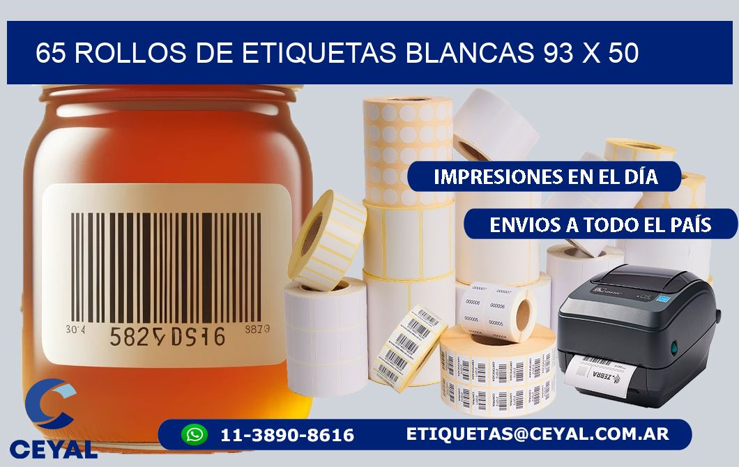 65 ROLLOS DE ETIQUETAS BLANCAS 93 x 50