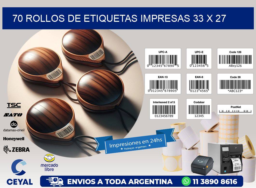 70 ROLLOS DE ETIQUETAS IMPRESAS 33 x 27