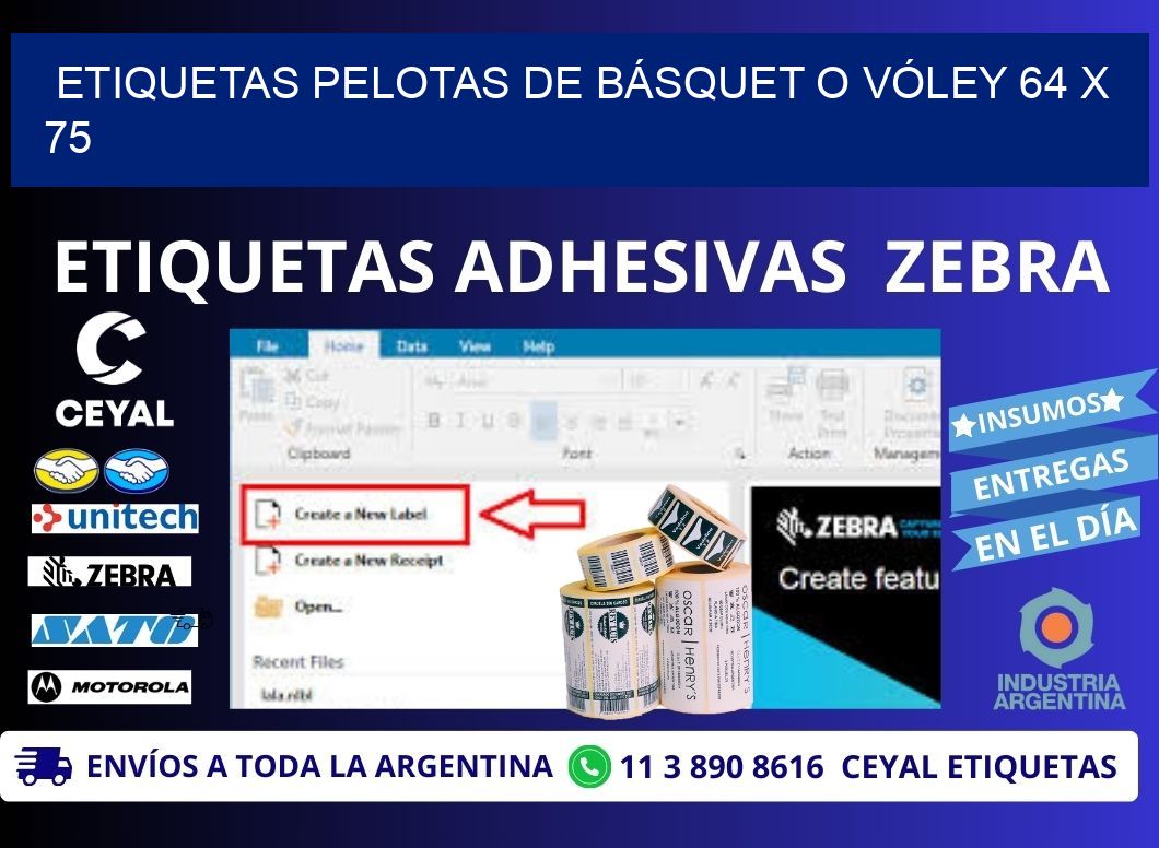 ETIQUETAS PELOTAS DE BÁSQUET O VÓLEY 64 x 75