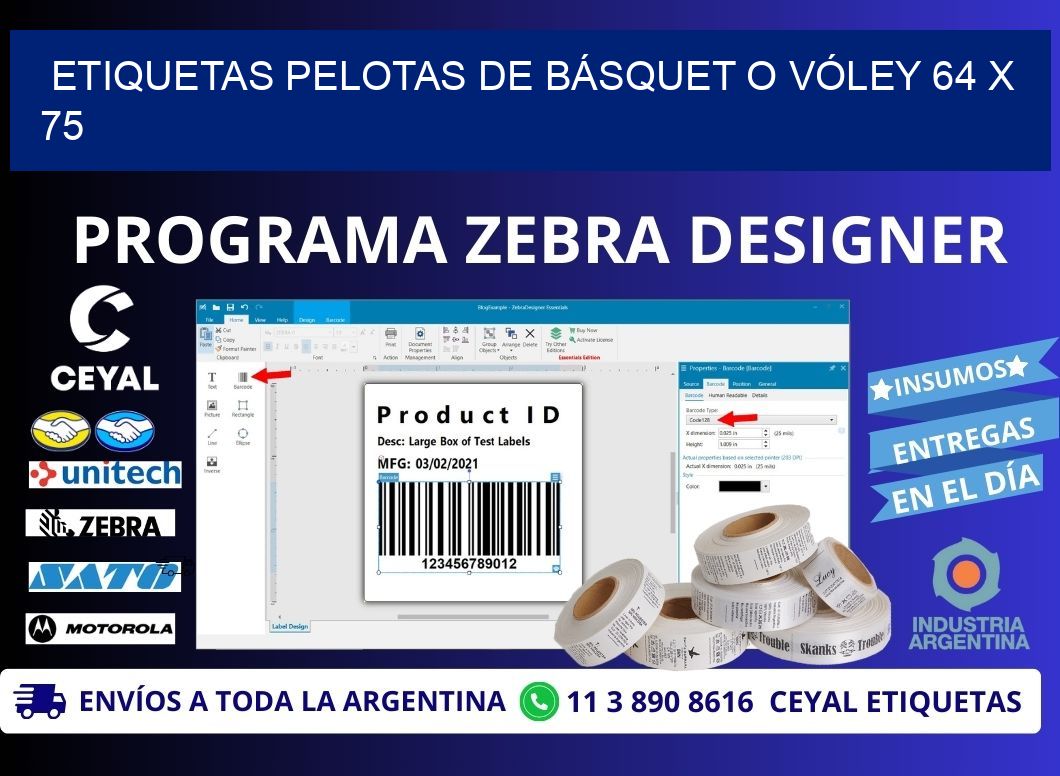 ETIQUETAS PELOTAS DE BÁSQUET O VÓLEY 64 x 75