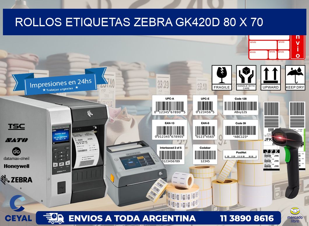 ROLLOS ETIQUETAS Zebra GK420D 80 x 70