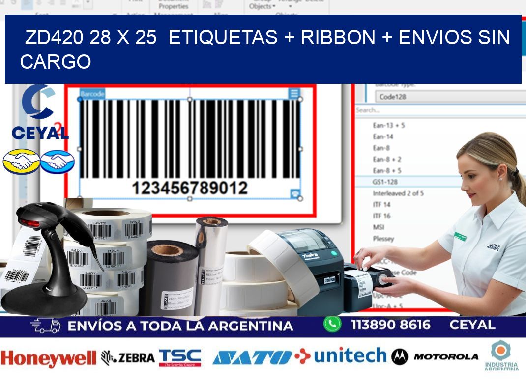 ZD420 28 x 25  etiquetas + ribbon + envios sin cargo