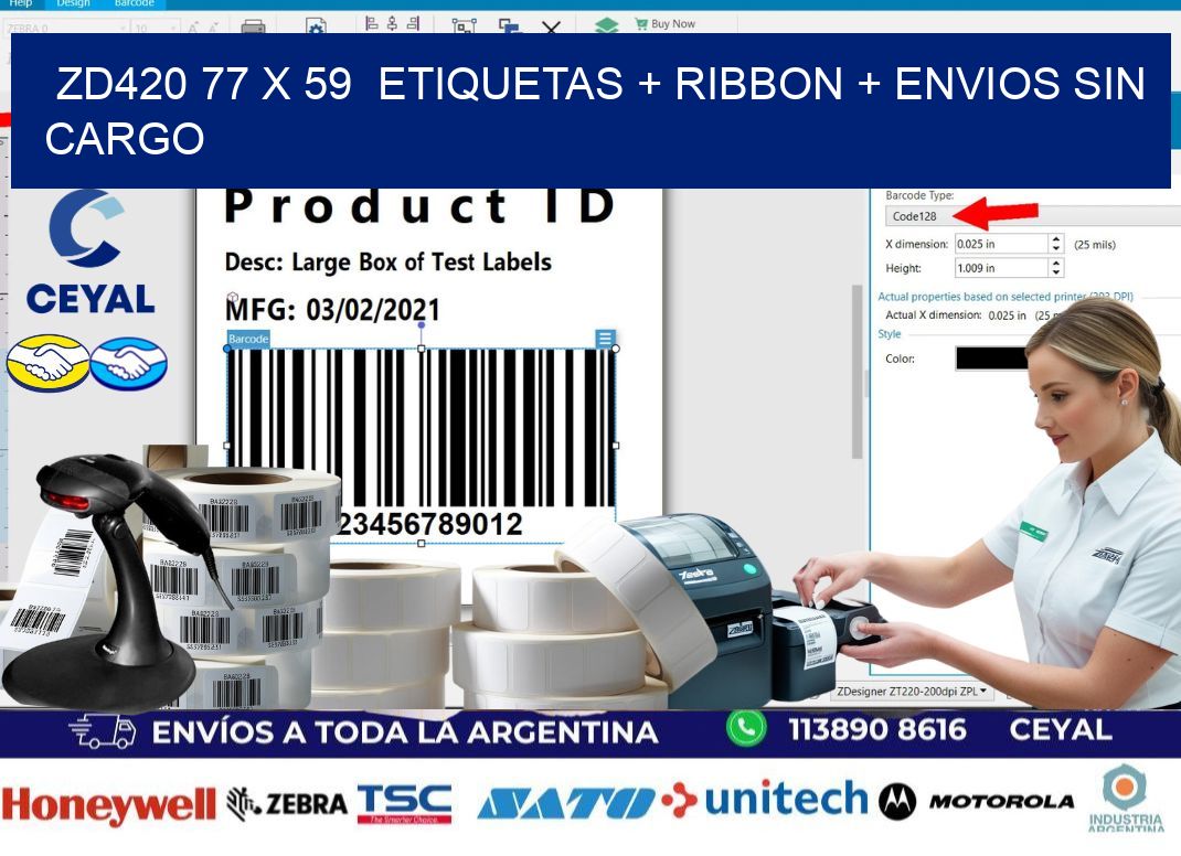 ZD420 77 x 59  etiquetas + ribbon + envios sin cargo