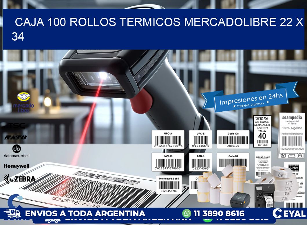 CAJA 100 ROLLOS TERMICOS MERCADOLIBRE 22 x 34