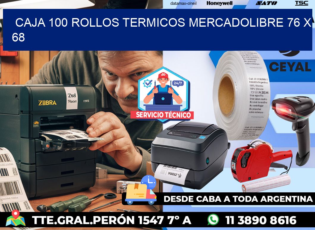 CAJA 100 ROLLOS TERMICOS MERCADOLIBRE 76 x 68