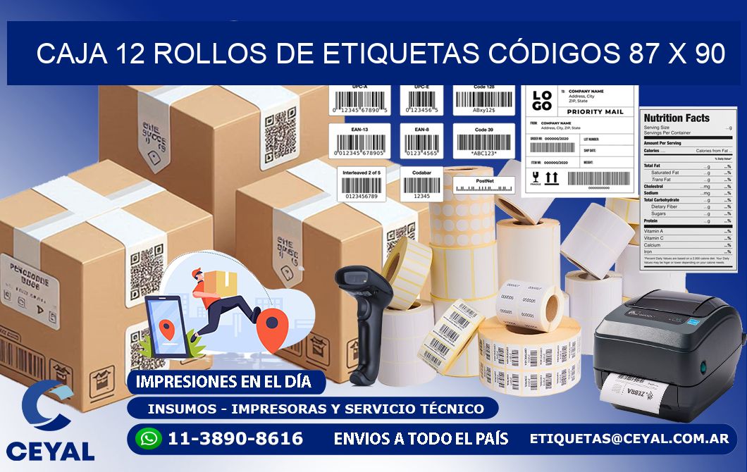 CAJA 12 ROLLOS DE ETIQUETAS CÓDIGOS 87 x 90